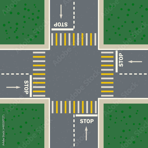 Crossroads with crosswalk. Crossroad of two roads and road markings top view. Empty roadway intersection, zebra and grass. Streets crossing, markings and sidewalk for pedestrians. Vector illustration