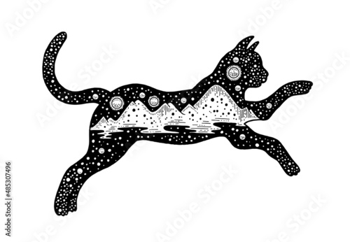 Cat tatoo. Black jumping cat tattoo with universe mountain landscape. Hand drawn art. Vintage flight icon. Black animal sketch logo. Galaxy space surreal symbol. Vector retro illustration