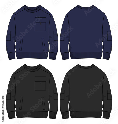 Long sleeve Sweatshirt overall technical fashion Flat Sketches drawing vector template For men's. Apparel dress design Black, Navy Color Sweater illustration   mockup CAD.  