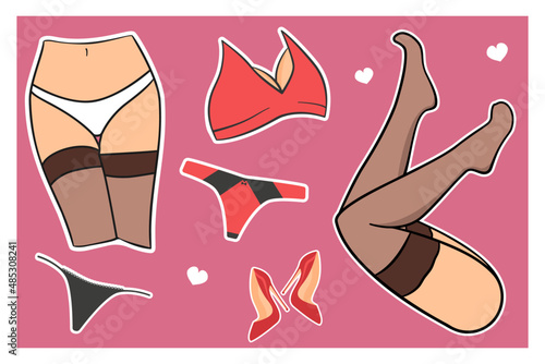Sticker pack with woman legs, panties, stockings, red shoes, bra. Vector cartoon sticker collection.