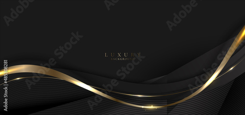 Abstract elegant gold and black curved wave lines with shiny sparkling light on dark background
