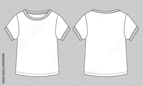 Basic Tee shirt overall technical fashion flat drawing template. Blank flat Short sleeve t-Shirt design for kids. Vector art illustration Front and Back View. 