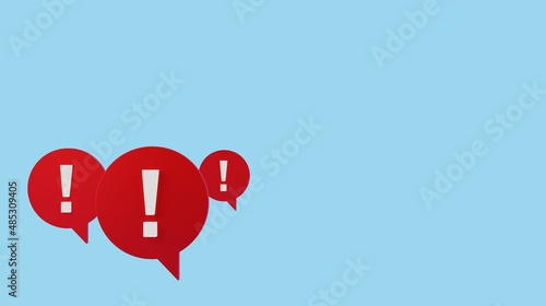 3D render of three red notification baloon with exclamation point on a light blue background with copy space for website
