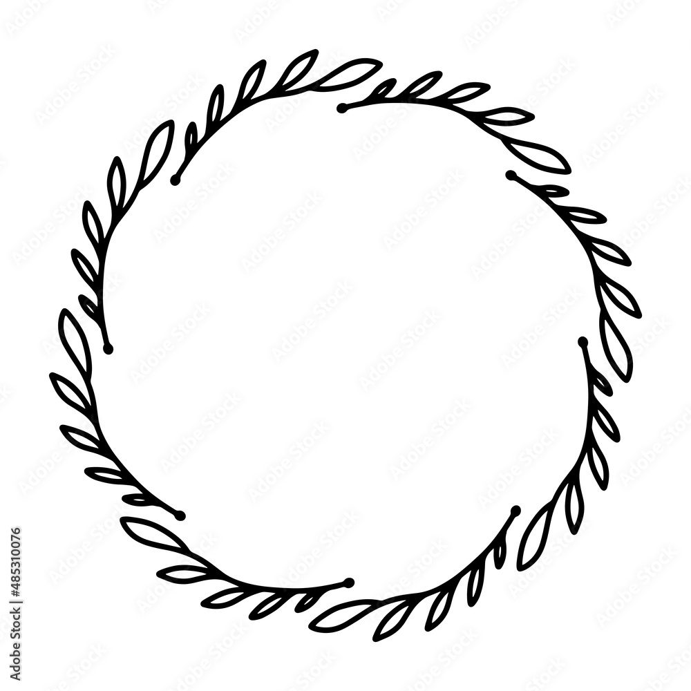 Vector hand drawn spring wreath isolated on white background. Outline circle of leaves. Doodle style. Floral frame. Vector hand drawn spring wreath isolated on white background. Outline circle of leaves. Doodle style. Floral frame.