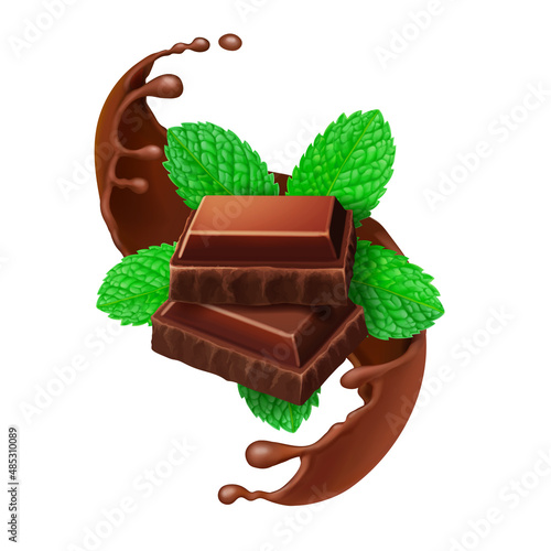 Chocolate pieces and mint leaves isolated. Cocoa or chcocolate splash with minty taste. 3d vector realistic