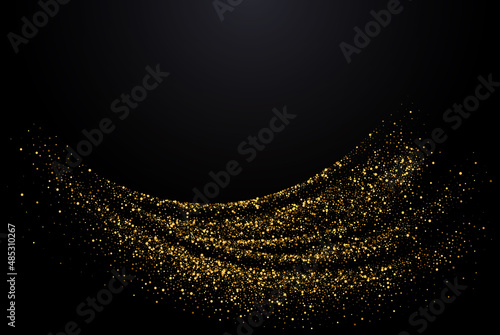 Golden shimmering element, wave shape. Isolated abstract movement on black background. Glittering trail of gold dust. Magic sparkling lines.