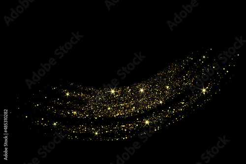 Golden shimmery wavy element. Abstract movement on a black background. Glittering trail of gold dust. Magic sparkling lines.