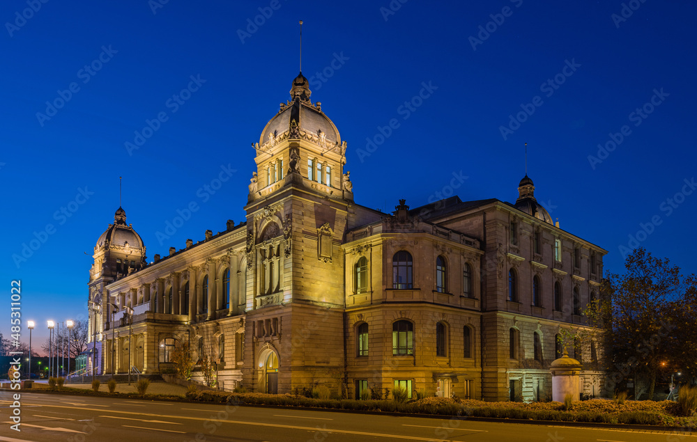Historic town hall (Stadthalle) in Wuppertal by night; Germany