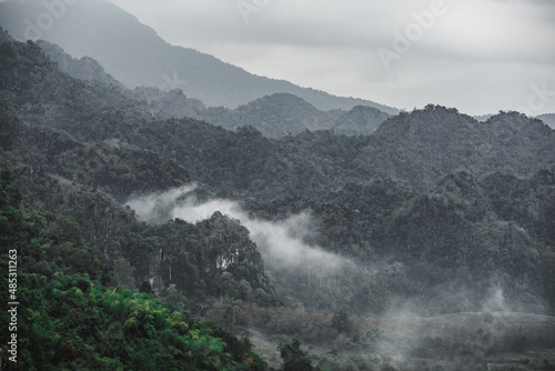 Aerial view of landscapes in the mist in North Thailand 