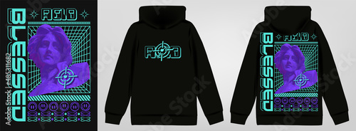 Modern poster with text "Blessed" Statue of a girl. In Techno style, stylish print for streetwear, print for t-shirts and hoodies, isolated on black background