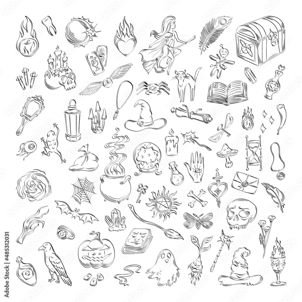 Collection of monochrome illustrations of magic items in sketch style. Hand drawings in art ink style. Black and white graphics.