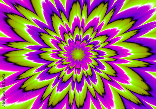 Green, pink and purple flower blossom. Illustration for children's room design. Optical expansion illusion.