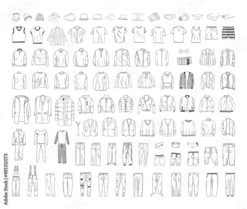 Collection of monochrome illustrations of men's clothing in sketch style. Hand drawings in art ink style. Black and white graphics.