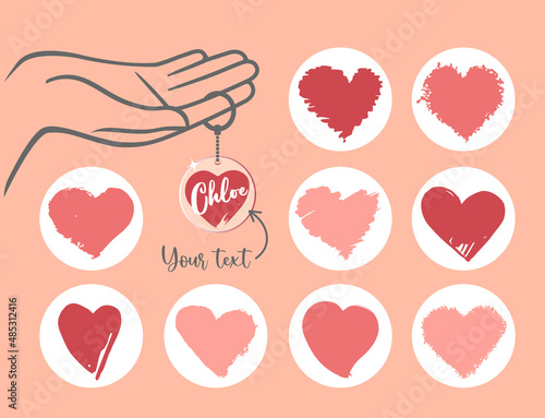 Hand drawn grunge hearts. Design templates for round keychain