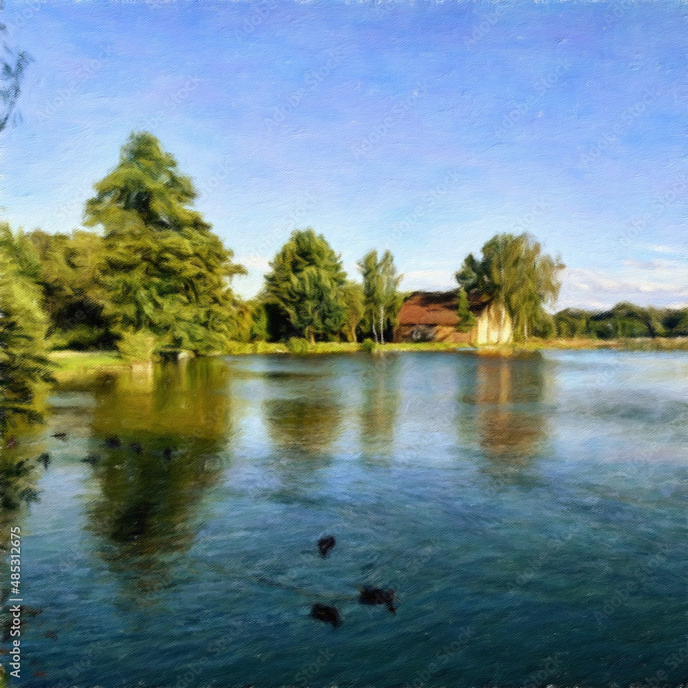 Obraz premium Digital landscape view oil painting with real brush strokes effect. Contemporary impressionism mixed style wall art print. Travel nature scene. Vacation postcards wall art print design beauty artwork.
