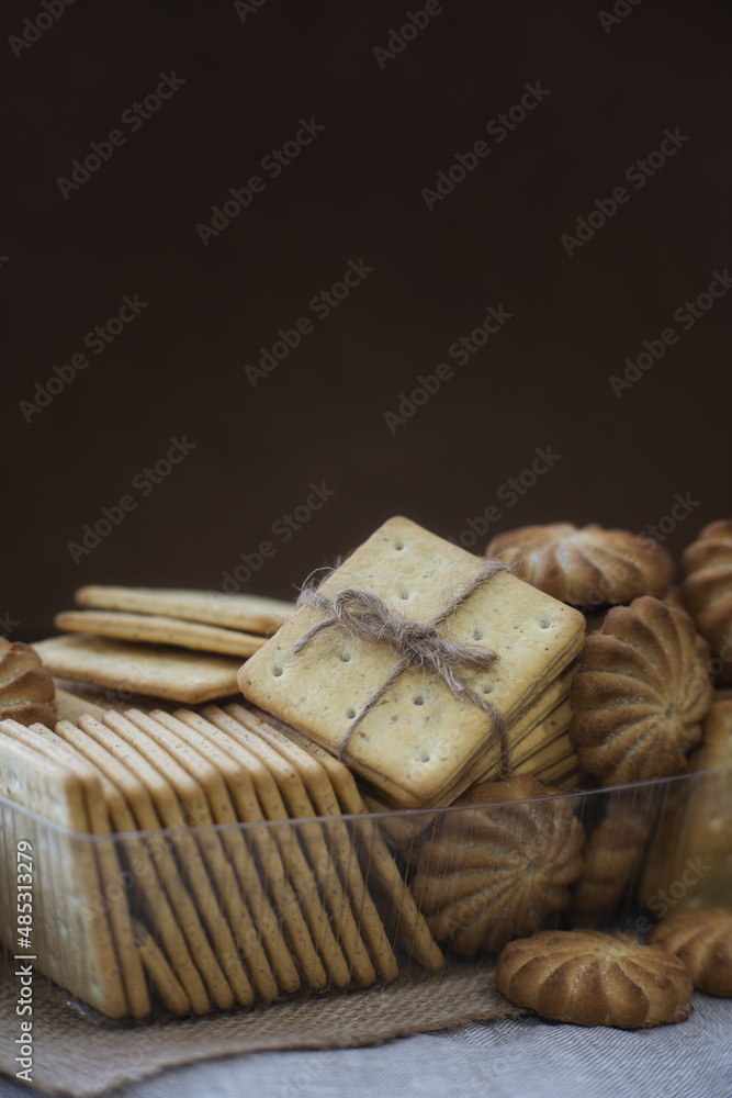 A stack of crackers tied with string on sackcloth. A stack of crackers tied with string on sackcloth.