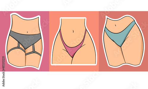 Set of woman body in bikini panties. Female lingerie vector illustration. 