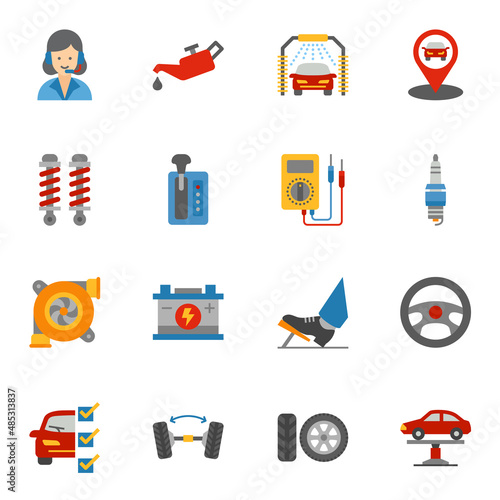 Car repair or Car service maintenance flat color icons set 1 with white background.