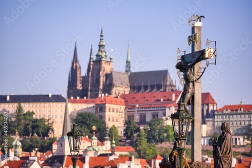 Cross with Jesus on Charles Bridge in Prague.