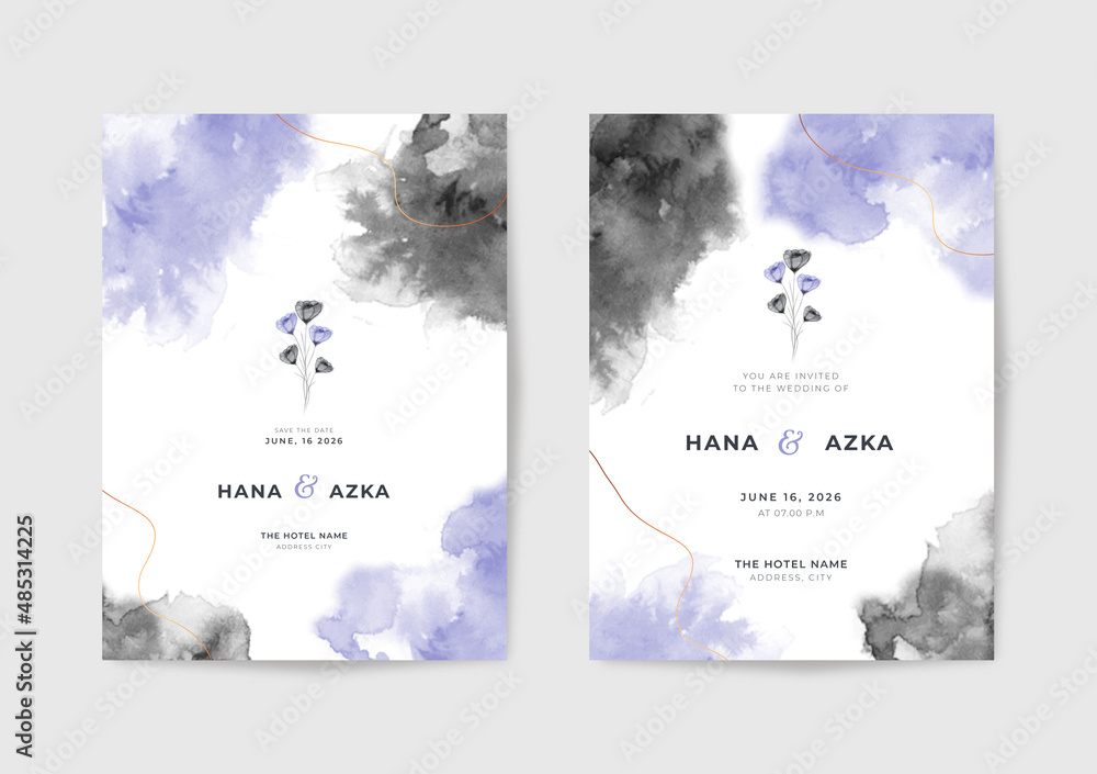 Beautiful black and purple watercolor wedding invitation template