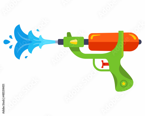 plastic green water gun shoots jets. flat vector illustration.
