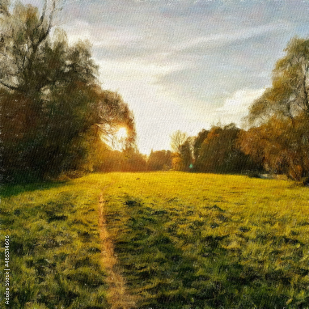 Fototapeta premium Digital landscape view oil painting with real brush strokes effect. Contemporary impressionism mixed style wall art print. Travel nature scene. Vacation postcards wall art print design beauty artwork.