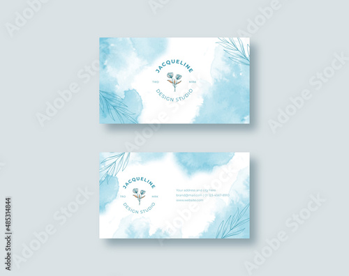 Beautiful business card template with blue watercolor texture