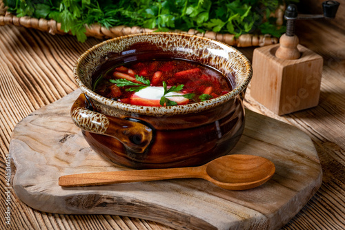 Traditional Ukrainian borscht with cream.