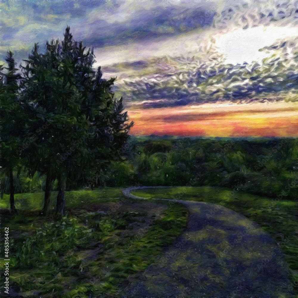 Obraz premium Painting on canvas beautiful travel landscape. Nature view wall art print oil mixed paint modern art. Large size drawing illustration. Touristic place wallpaper.