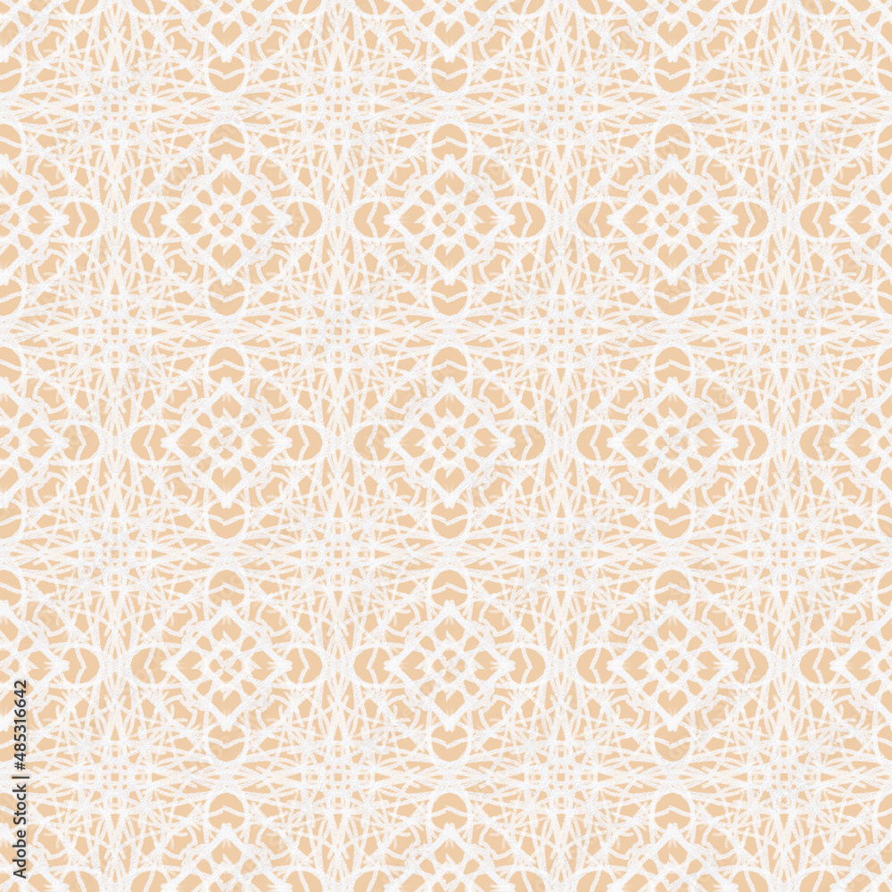 Seamless geometric pattern of mandalas, circles. Beautiful white ornament on a yellow background, hand-drawn. Retro style. Design of the background, interior, wallpaper, textiles, fabric, packaging.