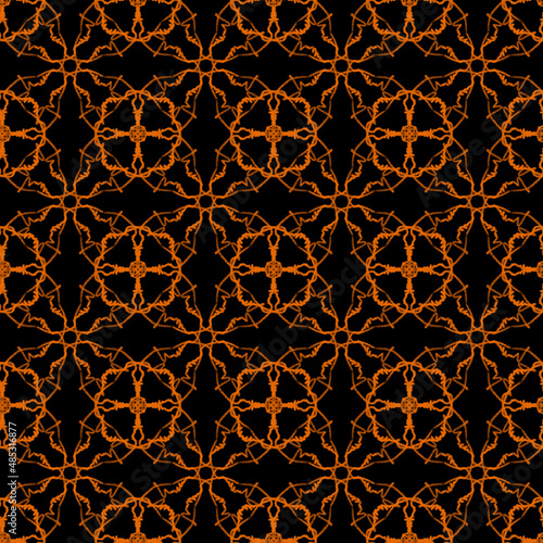 Seamless geometric pattern of mandalas, circles. Orange ornament, hand-drawn. Retro style. Design of the background, interior, wallpaper, textiles, fabric, packaging.
