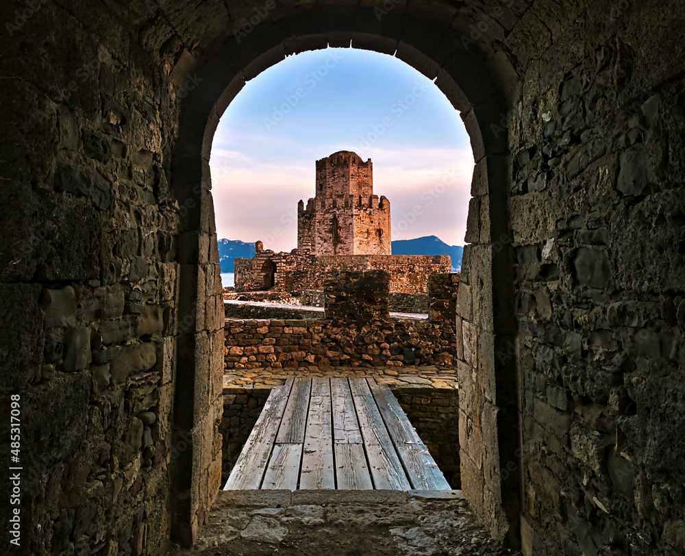 custom made wallpaper toronto digitalEntrance to wooden bridge and impressive three-tiered fortified watchtower. Venetian fort castle of Methoni, Peloponnese, Greece.