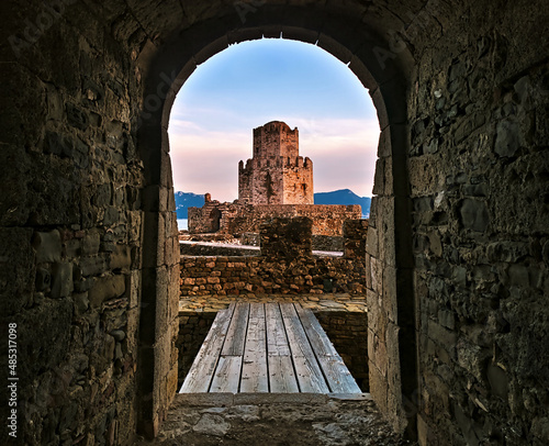 Wallpaper Mural Entrance to wooden bridge and impressive three-tiered fortified watchtower. Venetian fort castle of Methoni, Peloponnese, Greece. Torontodigital.ca