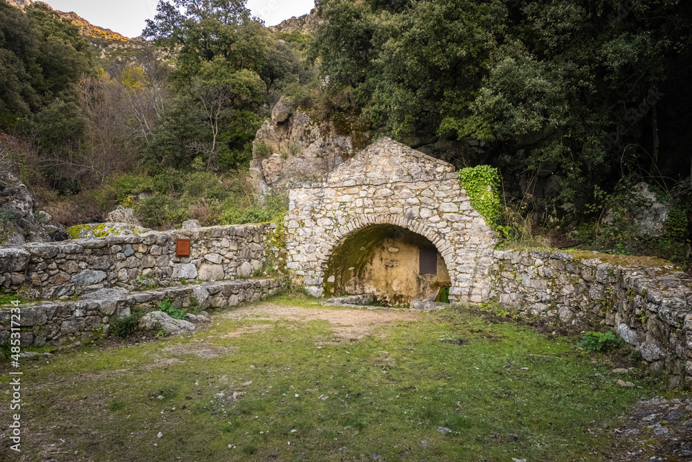 Funtana Bona, an ancient stone water fountain at Lama in the Balagne region of Corsica