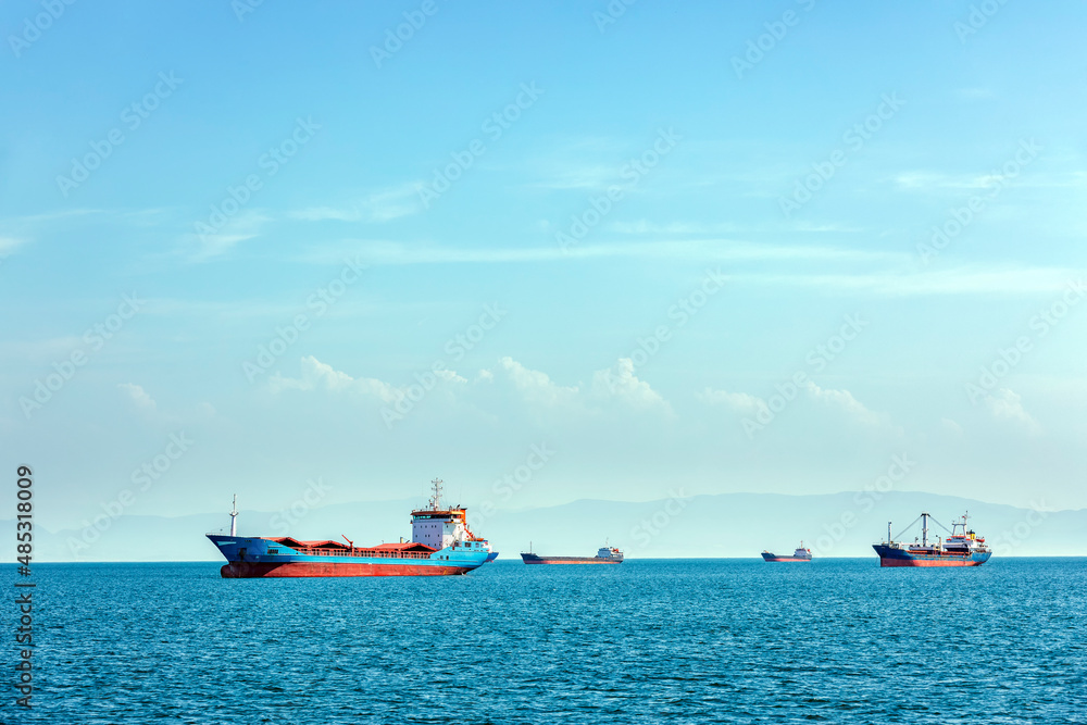 View of merchant and wey ships are waiting in the bay of sea. A bulk carrier or bulker is a merchant ship specially designed to transport unpackaged bulk cargo, such as grains, coal, ore, steel coils.