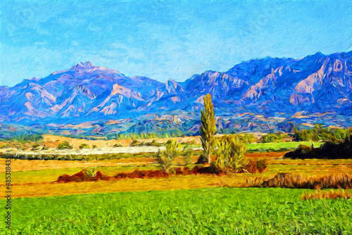 Painting on canvas beautiful travel landscape. Nature view wall art print oil mixed paint modern art. Large size drawing illustration. Touristic place wallpaper.
