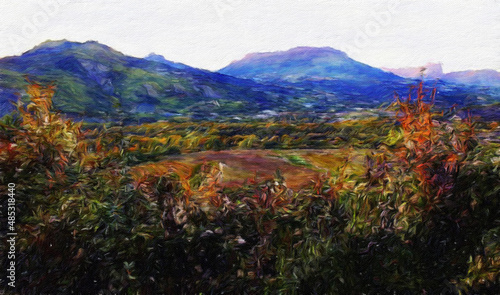 Painting on canvas beautiful travel landscape. Nature view wall art print oil mixed paint modern art. Large size drawing illustration. Touristic place wallpaper.