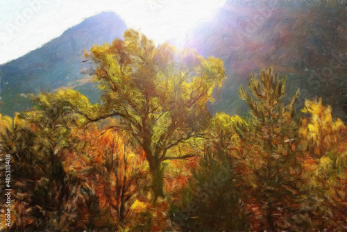 Painting on canvas beautiful travel landscape. Nature view wall art print oil mixed paint modern art. Large size drawing illustration. Touristic place wallpaper.