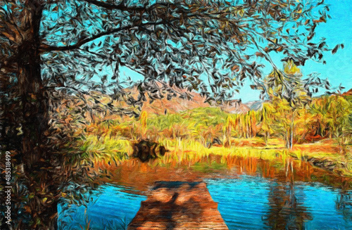Painting on canvas beautiful travel landscape. Nature view wall art print oil mixed paint modern art. Large size drawing illustration. Touristic place wallpaper.