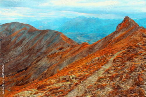 Painting on canvas beautiful travel landscape. Nature view wall art print oil mixed paint modern art. Large size drawing illustration. Touristic place wallpaper.