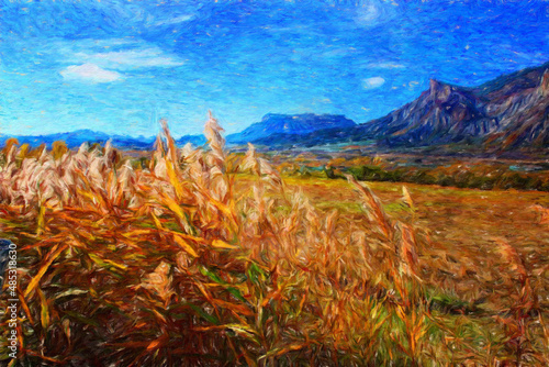 Painting on canvas beautiful travel landscape. Nature view wall art print oil mixed paint modern art. Large size drawing illustration. Touristic place wallpaper.