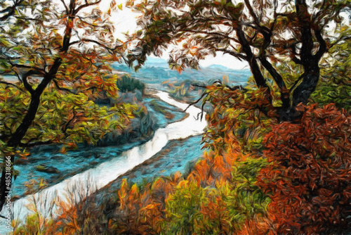 Painting on canvas beautiful travel landscape. Nature view wall art print oil mixed paint modern art. Large size drawing illustration. Touristic place wallpaper.