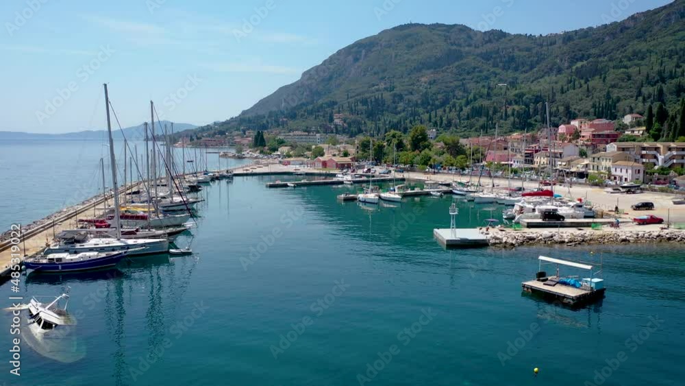 Boats in marina of Benitses resort village on Corfu Island, Greece, 4k Boats in marina of Benitses resort village on Corfu Island, Greece, 4k