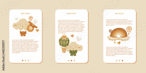 Set of three screens for mobile app. Concept of baby shower, gender party, baby reveal. Ready for use as web banner, mobile app, printable. 