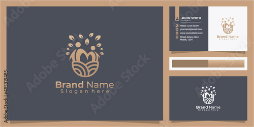 creative line art land and two people with leaf nature logo design concept with business card