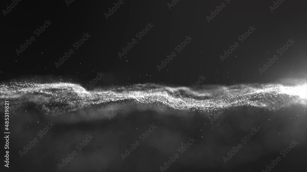 Futuristic digitally generated motion graphic white particles wave flowing in virtual reality abstract cyber space environment de-focus abstract background