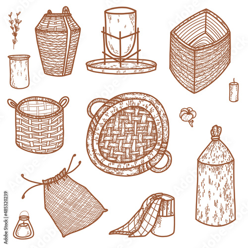 Jute baskets for interior. Line art decor for cozy home