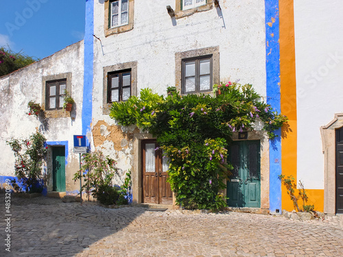 Fototapeta Naklejka Na Ścianę i Meble -  The street with flowers in a medieval town Obidos in Portugal
