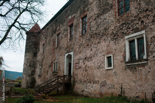 Fototapeta Naklejka Na Ścianę i Meble -  Saint Miklos Castle in Chynadiiovo Carpathian village
Medieval history of Ukraine and Poland