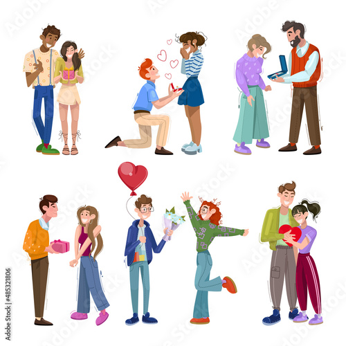 Illustrations of a guy giving a gift to his girlfriend. St. Valentine's Day.